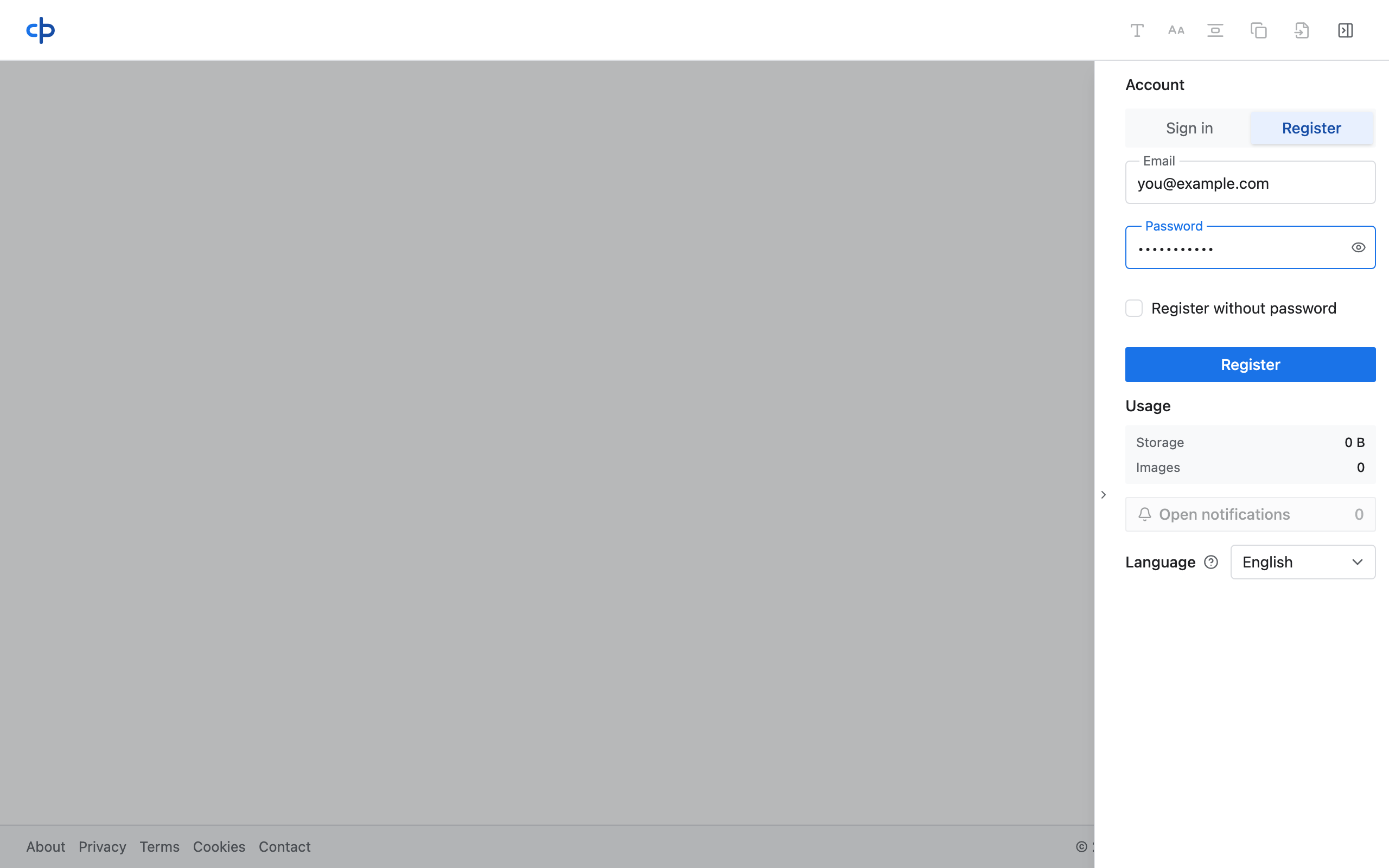 Account sidebar register panel (passwordless option available)